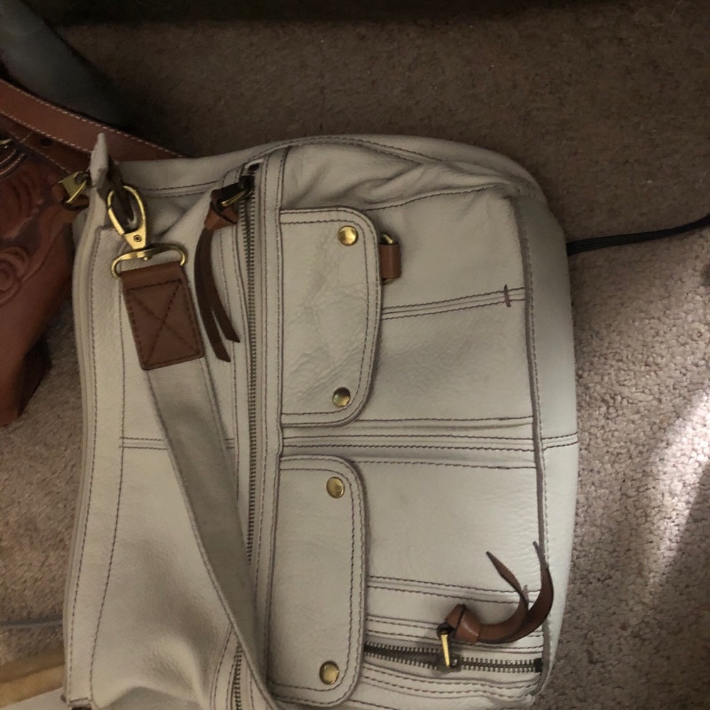 White Messenger Bag with Gold Hardware and Textured Leather Fossil Bag